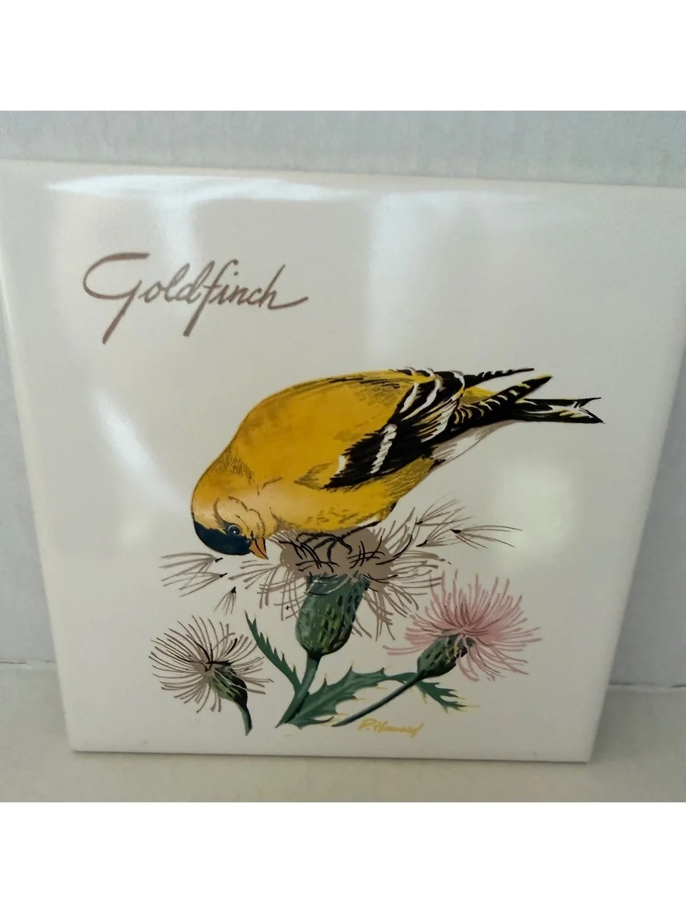Vintage Screencraft Gold Finch Ceramic Tile Art Trivet~Hand Crafted R. Brooks